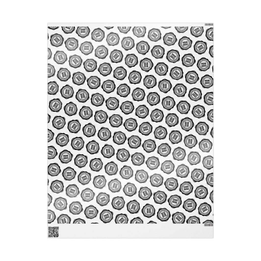 Monochrome Retro Badge Wrapping Paper Roll — Black & White Logo Pattern for Gifts