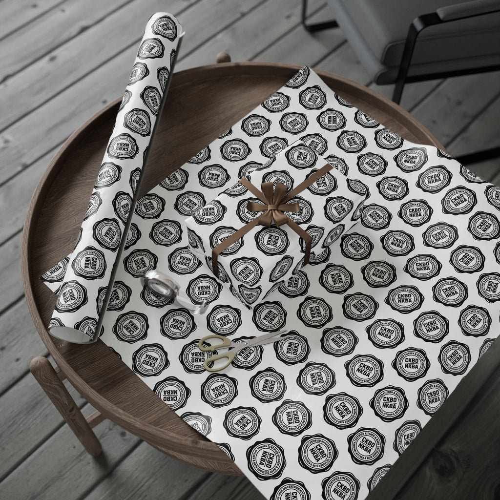 Monochrome Retro Badge Wrapping Paper Roll — Black & White Logo Pattern for Gifts